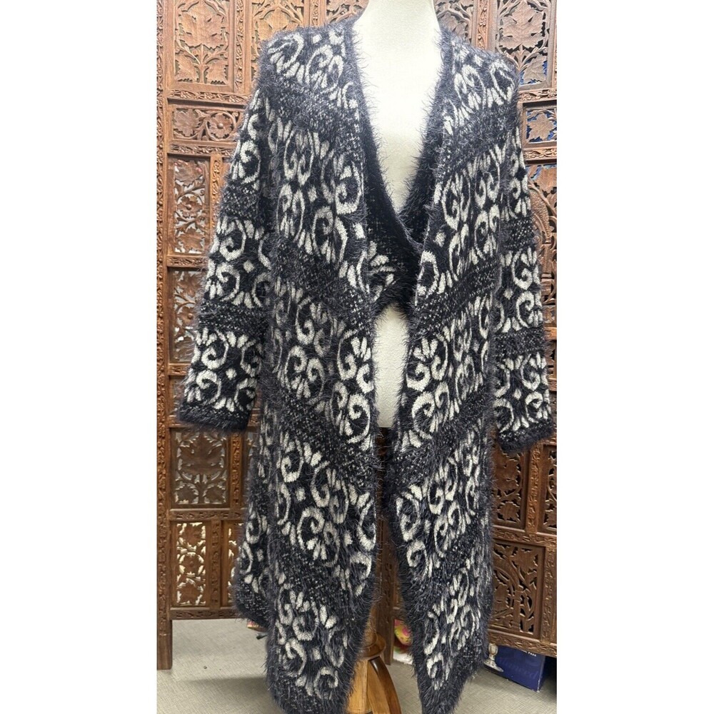 DESIGN HISTORY L Cardigan Sweater Black Open Front Knit Soft Duster Geometric